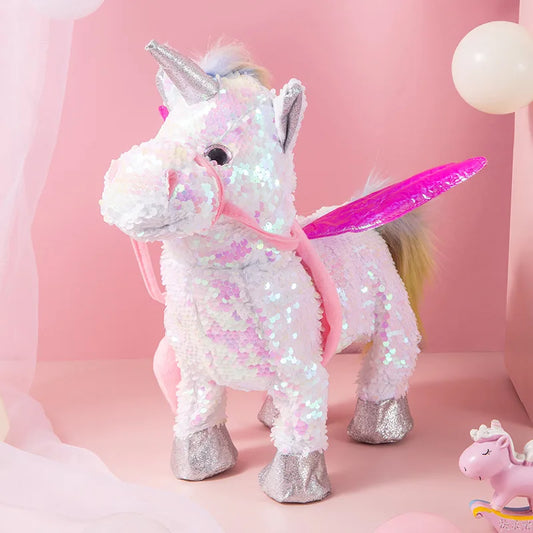35cm Electric Walking Unicorn Plush Funny Toy Lead Rope Shake Hips Singing Music Stuffed Toy For Children Kids Gift