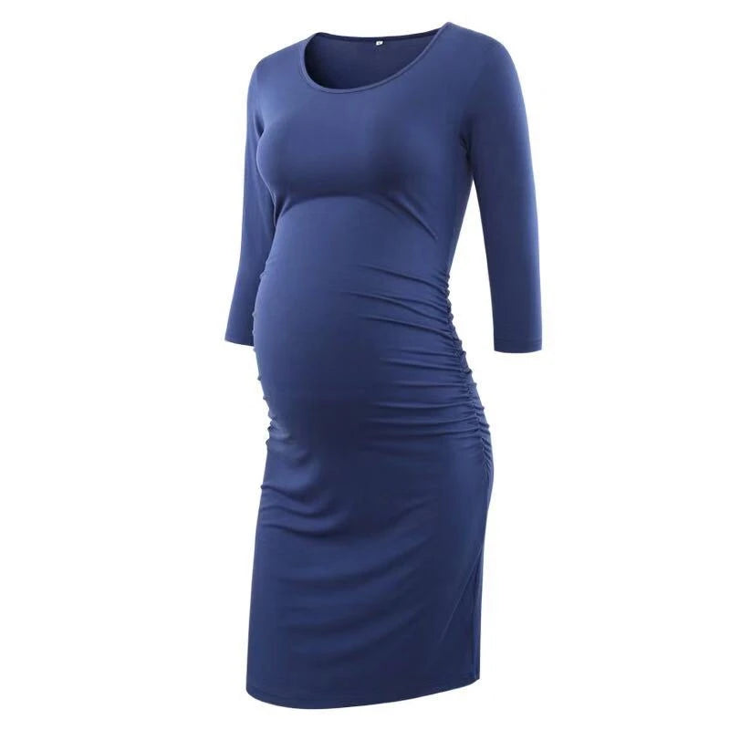 2023 Maternity Dress O-neck Long Sleeve Pregnant Comfortable Clothings Midi Pregnancy Clothes for  Solid Women