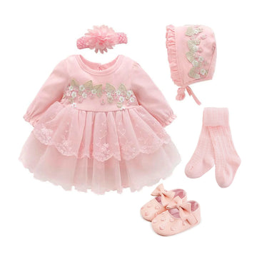 Newborn Baby Girl Dresses Clothes For 0-3 Month Set Party Birthday Dress Outfits 0-1 Years Shoes Tights & Long Socks Christening