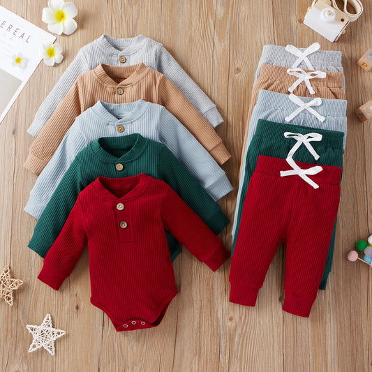 16 Colors Baby Solid Knit Sets Newborn Infant Girls Boys Fall Winter Long Sleeve Romper + Elastic Pants Toddler Outfit 0-24M