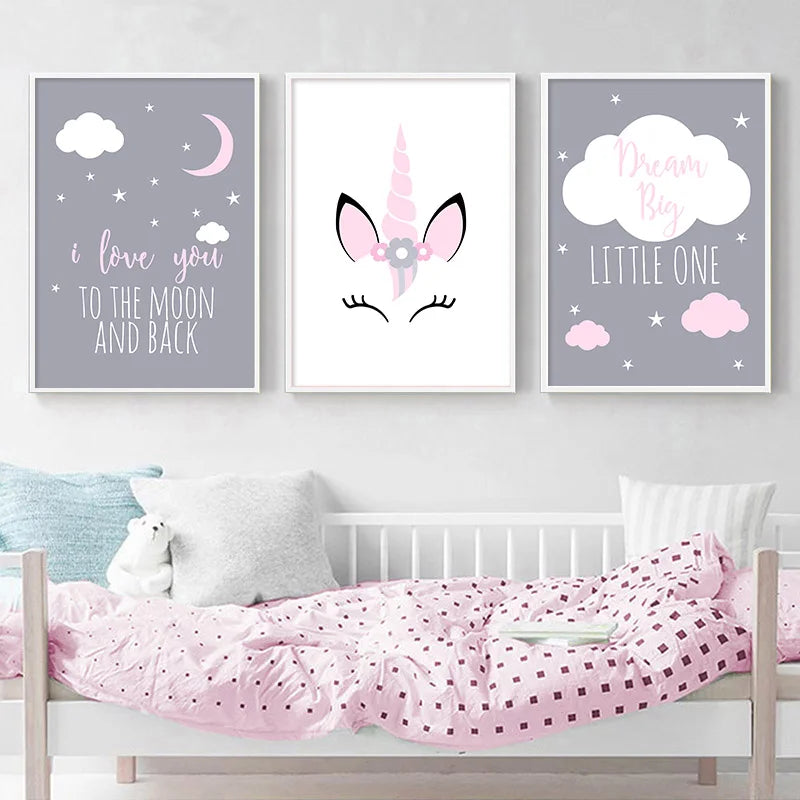 Cartoon Unicorn Canvas Poster Baby Girl Nursery Quotes Wall Art Print Love You To The Moon Painting Nordic Kids Room Decoration