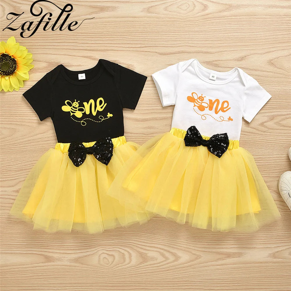 ZAFILLE Baby Girl First Birthday Outfit Set Cosplay Yellow Bee Baby Costume 1st One Half Year Birthdat Clothes Cute Baby Dress