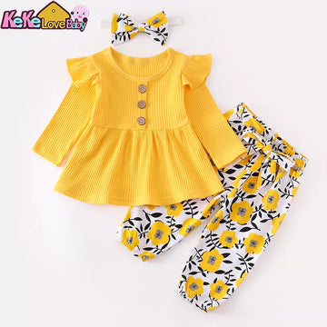 3Pcs Autumn Baby Girl Clothes Sets Infant Newborn Long Sleeve Tops Floral Print Pants Headband Solid Clothing Outfit 0 3-24M