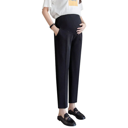 2024 Pregnant women belly pants summer black elegant maternity formal trousers ankle-length pregnancy work clothes with pockets