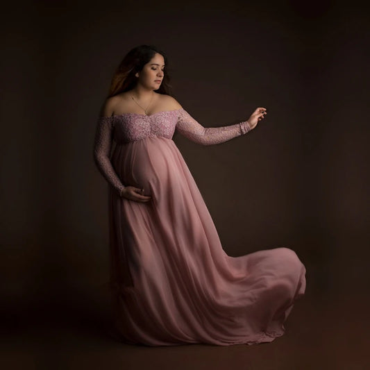 Dusty Pink Long Chiffon Maternity Photography Dress Sweet Heart Maternity Lace Dresses For Photo Shoot Slit Open Pregnancy Dress