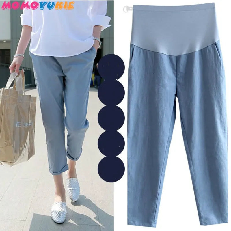 Thin Cotton Linen Spring Summer Ankle-length Pants High Waist Leisure Maternity Pants Solid Color Pregnant Women Clothing