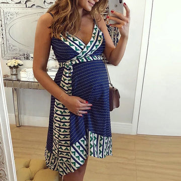 Pregnant Dress Woman Shoulderless Clothes no Sleeve Dress Large Plus Size Premama Clothing Print Stitching Maternity Strap Skirt
