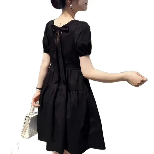 2024 Summer Maternity Mini Dress Backless Square Collar Puff Sleeve Pregnant Woman Ball Gown Dress Loose Pregnancy Dress Bowknot