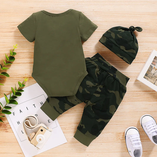 0-18 Months Newborn Baby Boy Baby Girl Clothes Set Letter Print Short Sleeve Bodysuit + Camouflage Pants + Headband Outfit