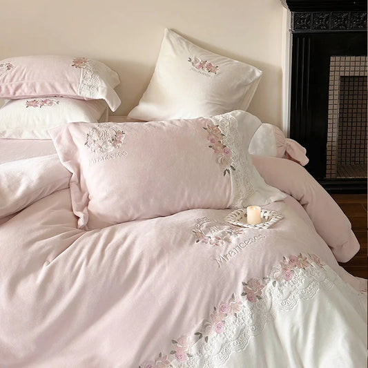 Girl's Heart Flower Embroidery Warm Milk Plush Duvet Cover Winter Double Sided Bed Sheet Bedding Supplies