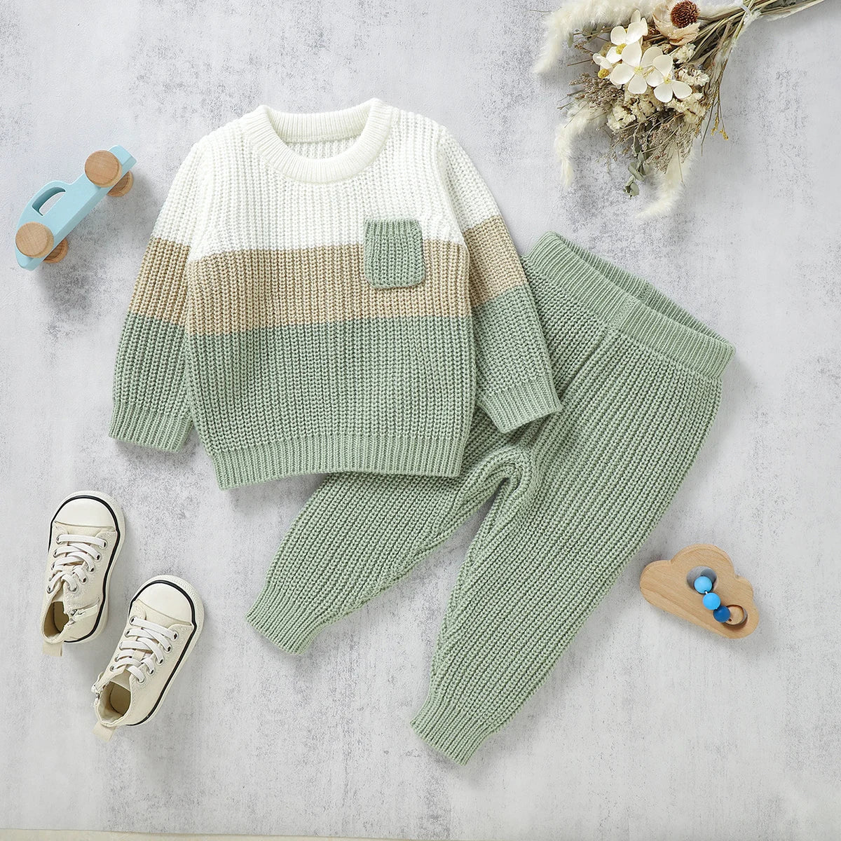 0-3Yrs Baby Boys Knitted Clothes Sets Cotton Long Sleeve Sweater Tops Pants 2Pcs Warm Fall Toddler Kids Girls Patchwork Outfits