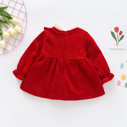 Autumn And Winter Girls' Plush Long Sleeved Dress With New Bow And Lace Standing Neck, Solid Color And Beautiful Princess Dress