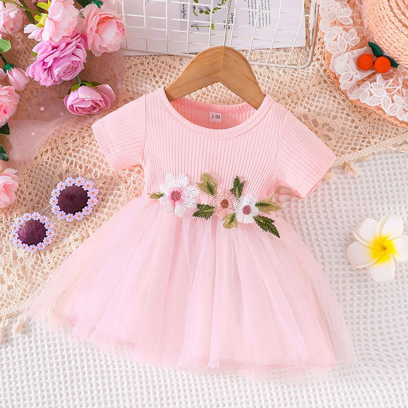 Dress For Kids 3-24 Months Fashion Summer Short Sleeve Cute Cotton Floral Tulle Princess Formal Dresses Ootd For Baby Girl