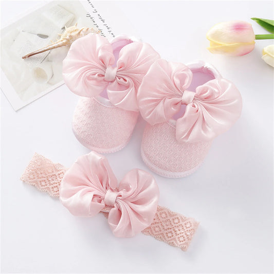 Pudcoco Infant Girl Flat Shoes for Spring Autumn, Bowknot Soft Sole Anti Slip Crib Shoes + Lace Headband