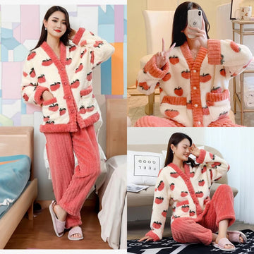 2PCS/Set Pregnant Women's Clothing Thickened Warm Fall and Winter Flannel Nursing Homewear Peach Robe Loose Pajamas Maternity