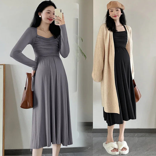 2024 Spring Maternity Dresses Long Sleeve Square Collar High Waist Pregnant Woman Modal Dress Faux Two Pieces Pregnancy Clothes