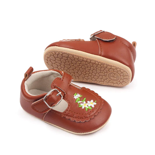 New arrival soft PU leather anti-slip TPR outsole baby toddler kids girl shoes Flower embroidery