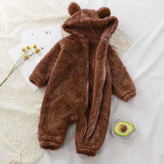 Winter Baby Rompers Girls Solid Fleece Warm Soft Bear Ear Jumpsuit  Infant Hooded Long Sleeve Skin-Friendly Rompers Baby Clothes
