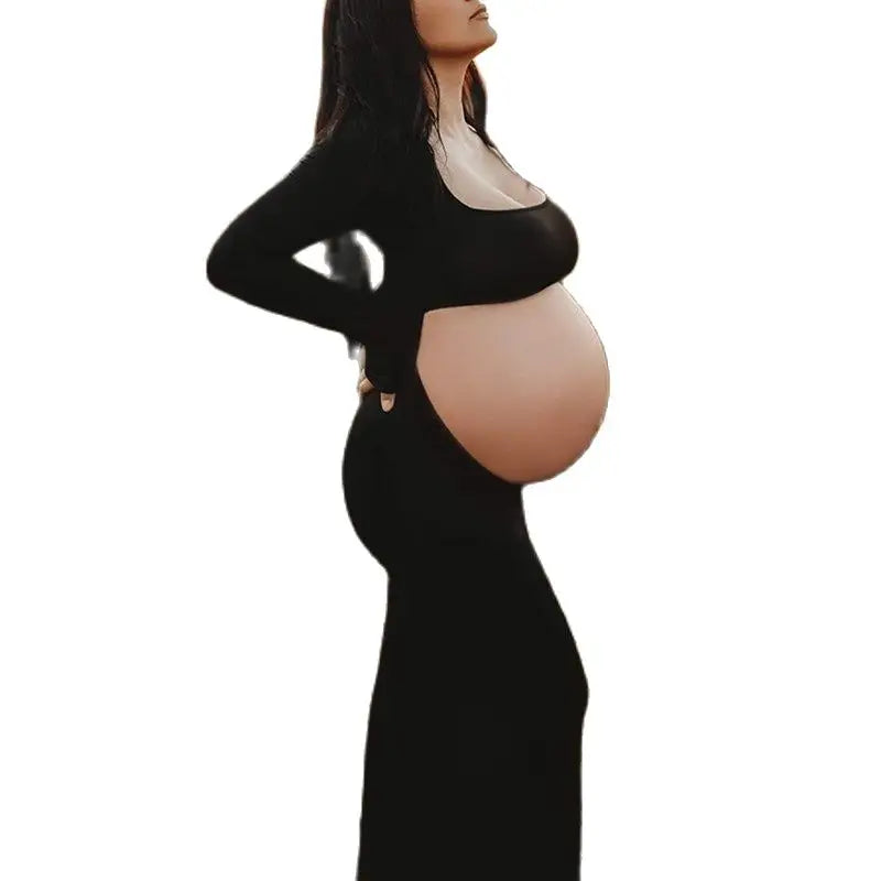 Black Sexy Hollow Out Maternity Dresses Long Sleeve Square Collar Backless Photography Props Maxi Dress Pregnant Women Clothing