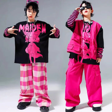 Children Hip Hop Outfits Printed Sweatshirt Boys Street Dance Pullover Pink Cargo Pants Girls Streetwear Kids Jazz Clothes Sets
