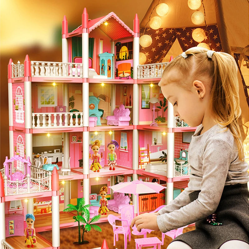 3D DIY Dream Princess Castle Villa Assembly Doll House Set Toy Girl Family Toy Children's Music Doll House Assembly Villa House