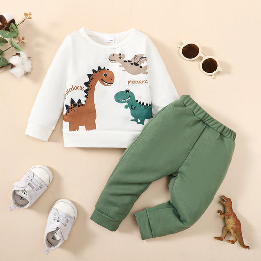 Winter 1-4 year olds Cool Boy  Sweatshirt Outfits Dinosaur Long Sleeve Tops Pants 2pcs  Fall Winter Tracksuit  Fashion  Clothing