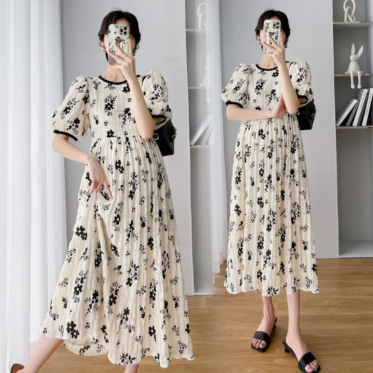 2024 French Style Floral Dress for Pregnant Women Summer Puff Sleeve Maternity Nursing Dress Postpartum Woman Lactation Clothes