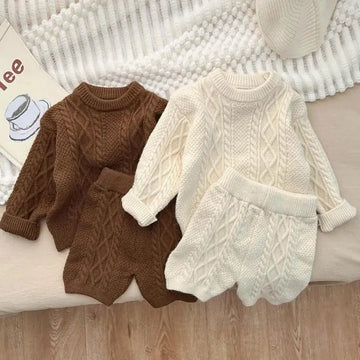 Autumn Winter Children Knitted Twist Sweater Set Kid Boy Girl Retro Casual Tops + Shorts 2pcs Baby Knitting Pullover Shirt Suit
