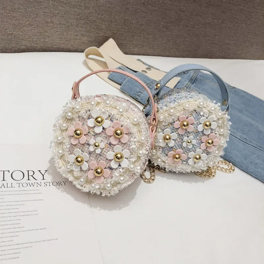 MochilaKorean Kid Shoulder Bag Versatile Pearl Flower Girl Crossbody Bag Princess Cute Design SchoolBag Baby Coin Purse Handbags