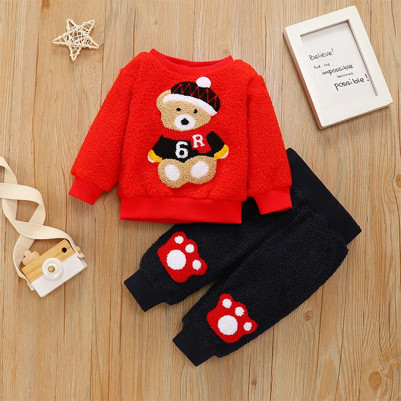 2023 New Baby Boys and Girls Bear Embroidered Wool Top + Footprint Pattern Pants 2PCS Casual Children's Clothing