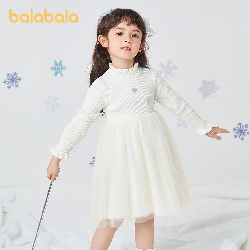 Balabala Toddler Girl Dress Winter Patchwork Warm Comfortable Sweater Princess Dress