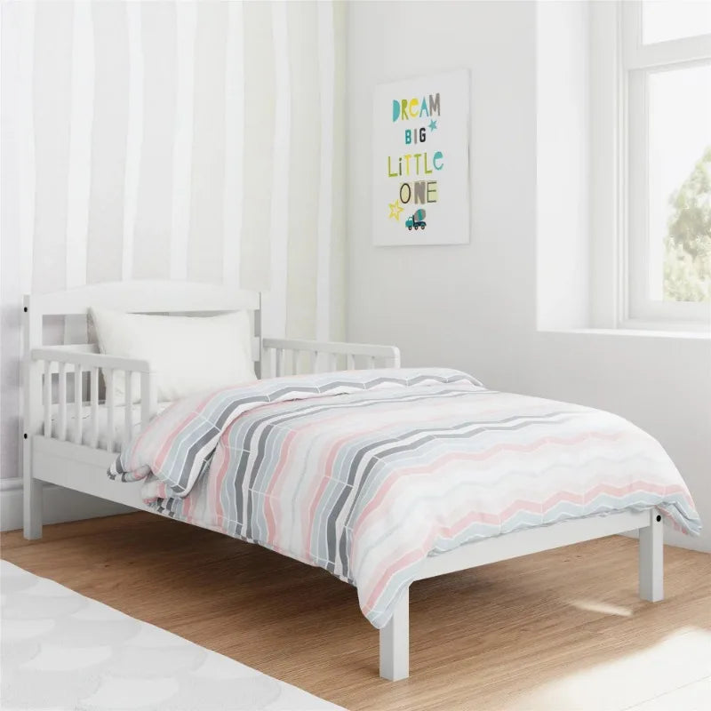 Kids Wood Toddler Bed with Safety Guardrails, White