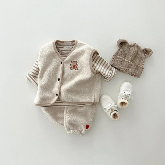 Autumn Winter Children Cartoon Bear Fleece Vest Set Girl Boy Infant Cardigan Sleeveless Tops+Love Pants 2pcs Kid Waistcoat Suit