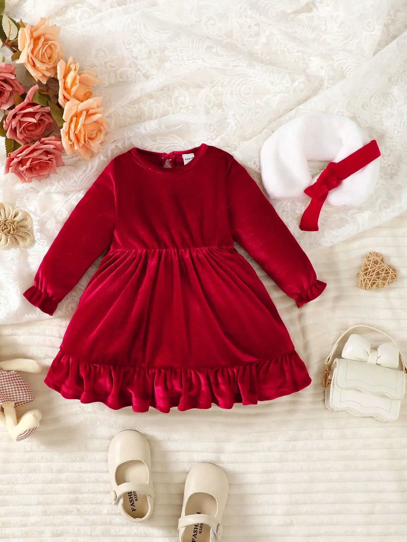 Baby Winter Casual Fashion Warm Red Velvet Soft and Comfortable Long Sleeve Dress with Detachable Fur Collar Two Piece Set