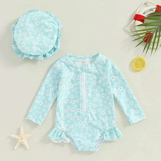 Toddler Girls Rash Guard Swimsuit Rompers Long Sleeve Floral Print Baby Ruffles Bathing Suit Swimwear with Swim Cap Outfit