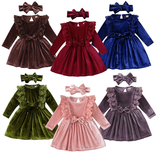 Fall Winter Kids Girls Long-sleeved Dress Baby Girls Long-sleeved Solid Ruffled Velvet Dress And Headband Party Dress