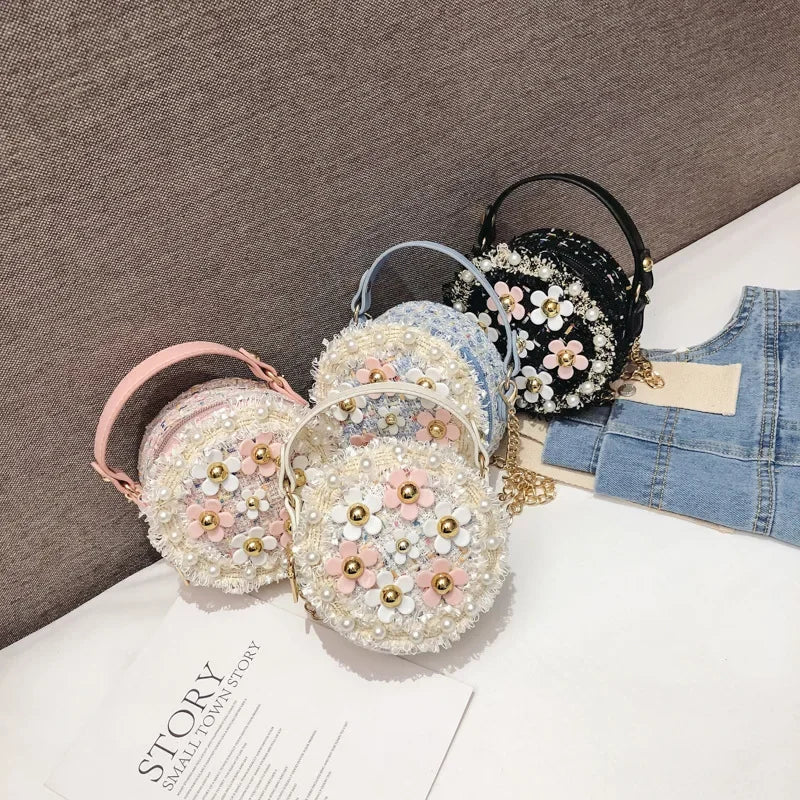 MochilaKorean Kid Shoulder Bag Versatile Pearl Flower Girl Crossbody Bag Princess Cute Design SchoolBag Baby Coin Purse Handbags