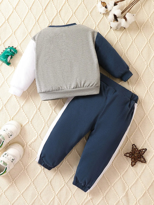 2-piece Newborn BabySpring and Autumn Boy Splicing Color Contrast Long Sleeves and Pants Leisure Outdoor Sports Suit Breathabl