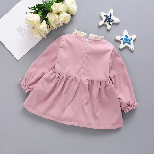 Autumn and Winter New Girls' Plush Dress Children's Corduroy Large Bow Pleated Stand Collar Winter Princess Dress