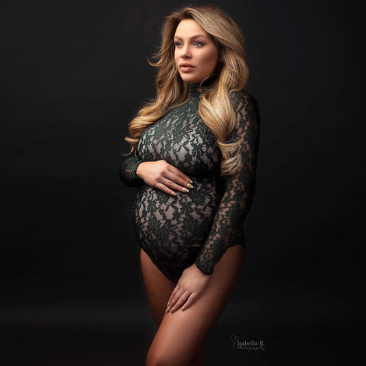 Maternity Photography Props Dresses Stretchy Lace Long Sleeve Bodysuit Removable Chiffon Slit Skirt Pregnancy Gowns Photo Shoot