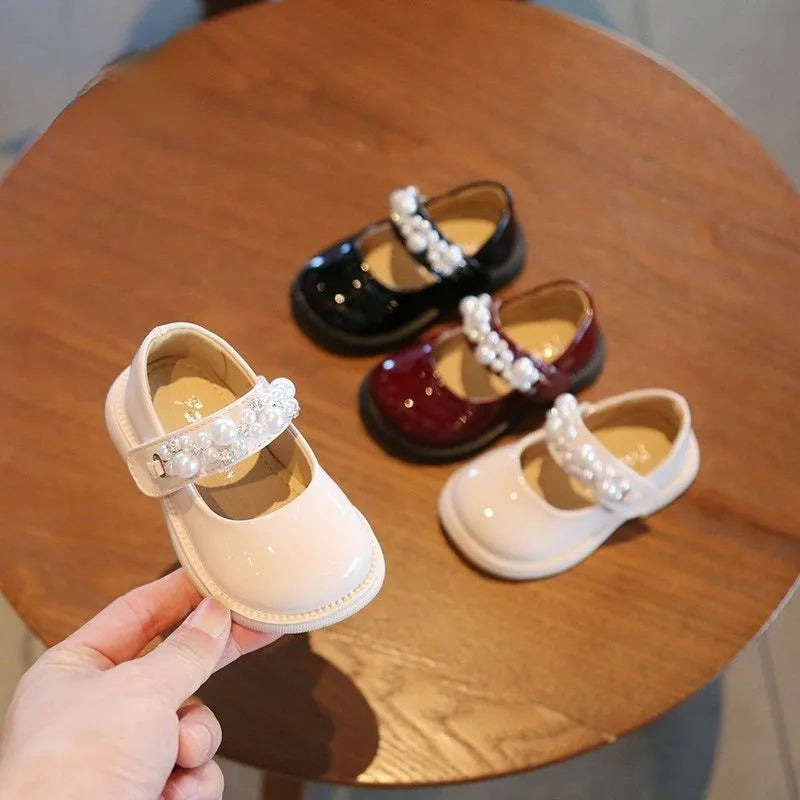 Children Fashion Pearl Leather Shoes Baby Girls Soft Bottom Party Princess Shoes Kids Non-slip Casual Flats Infant First Walkers