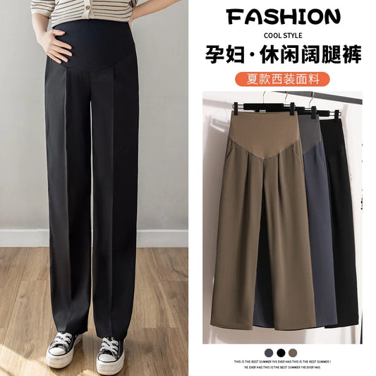 2024 Korean Style Maternity Suits Pants Summer Thin Fashion Office Lady Belly Trousers Elegant Pregnant Woman Straight Trousers