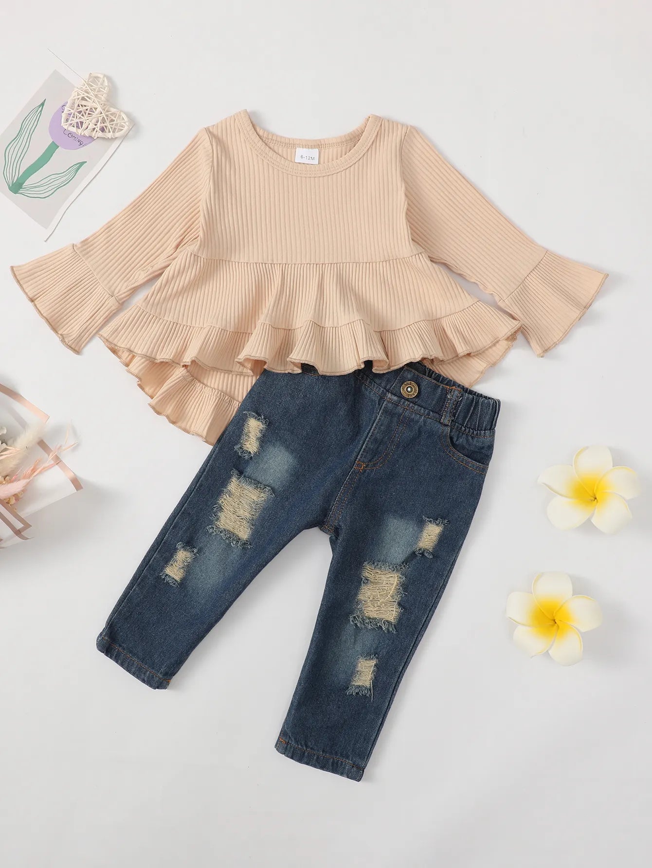 Baby Girl's 2pcs Ribbed Long Sleeve Top & Ripped Denim Jeans Set Ruffle Decor Casual Outfits Toddler Kids Clothes For Spring