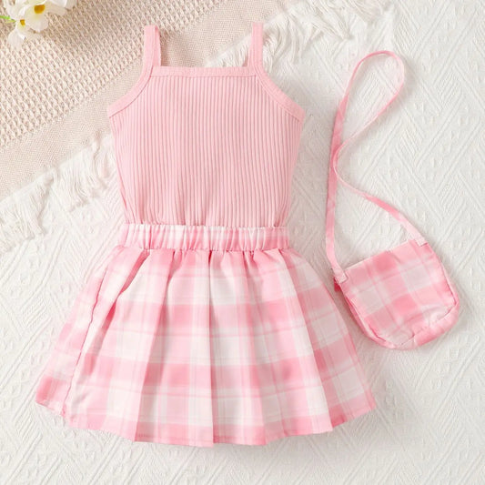 6-36-month-old newborn baby girl summer pink halter top with plaid skirt fashion suits wear bags three-piece set