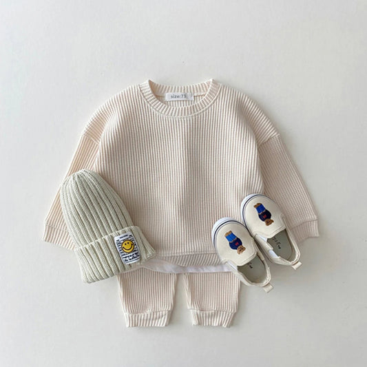 2024 Korea Toddler Baby Clothing Sets For Infant Baby Boys Clothes Set Mock Two-piece Waffle Cotton Sweatshirt+Pants 2pcs Outfit