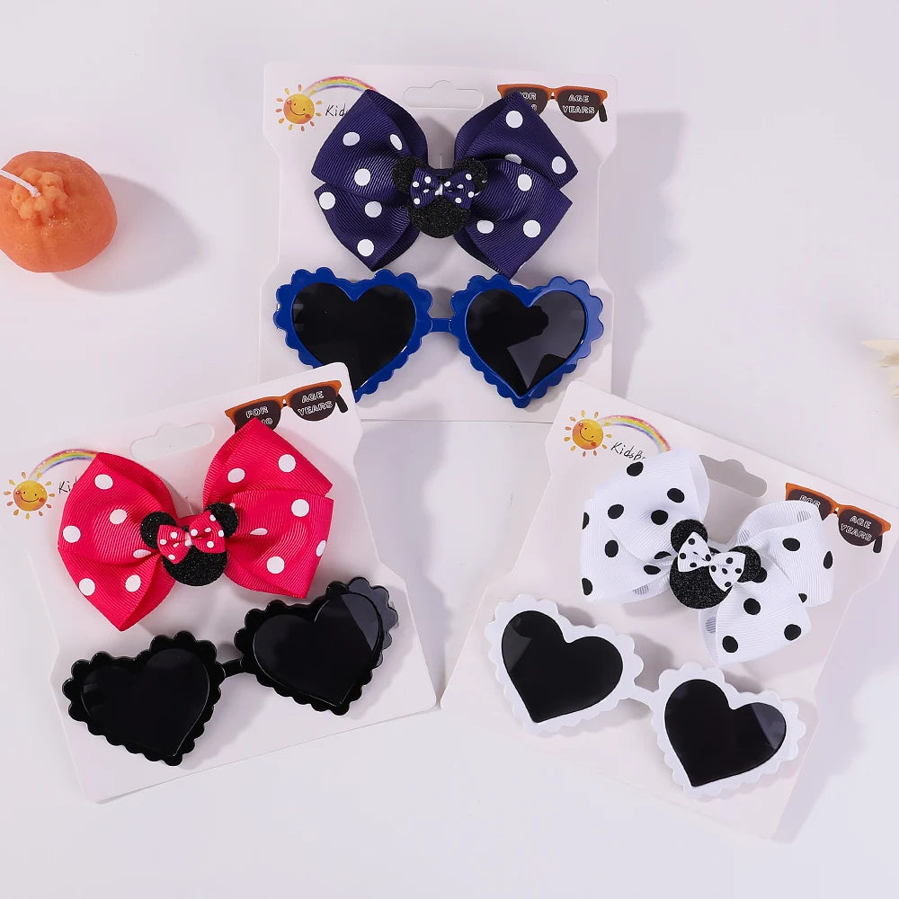 2Pcs/Set Baby Hairpin For Child Cute Bow Heart Shaped For Newborn Protective Sun Glasses Girl Seaside Vacation Hair Accessories