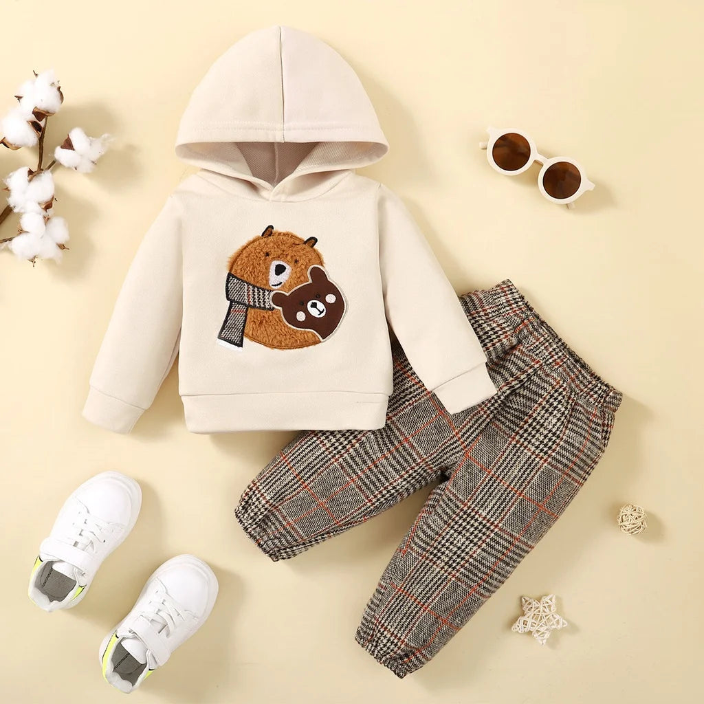 3-24 Months Baby Boy and Girl Clothing Set Baby Girl Cute Bear Print Long Sleeved Hoodie+Plaid Pants Autumn&Winter Warm Clothes