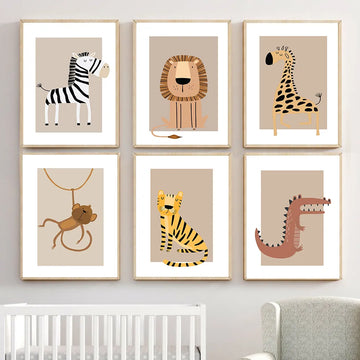 Safari Animals Lion Giraffe Zebra Tiger Monkey Poster Print Canvas Painting Nursery Wall Art Picture Nordic Kids Bedroom Decor