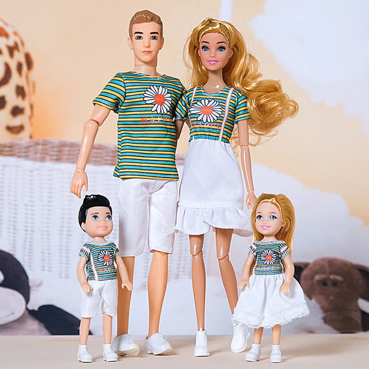 1/6 Barbi Doll Toy Family Doll Set of 4 People Mom Dad Kids 30cm Barbies Doll Full Set With Clothes for Education Birthday Gift