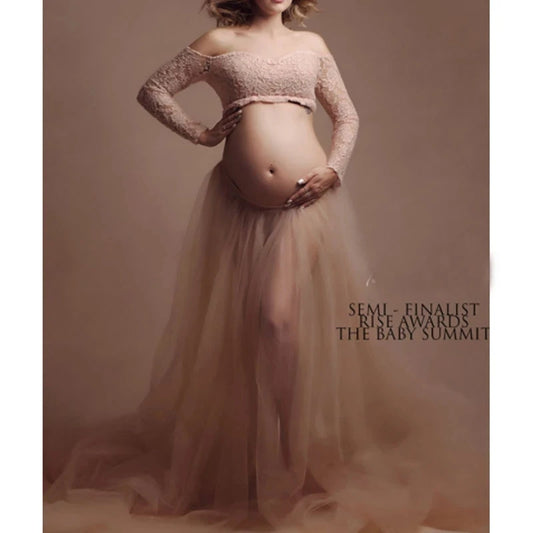 Maternity Dresses Set Long Sleeve Lace Crop Top+Tulle Skirt Maternity Maxi Gowns Dresses for Photo Shoot Pregnancy Photography